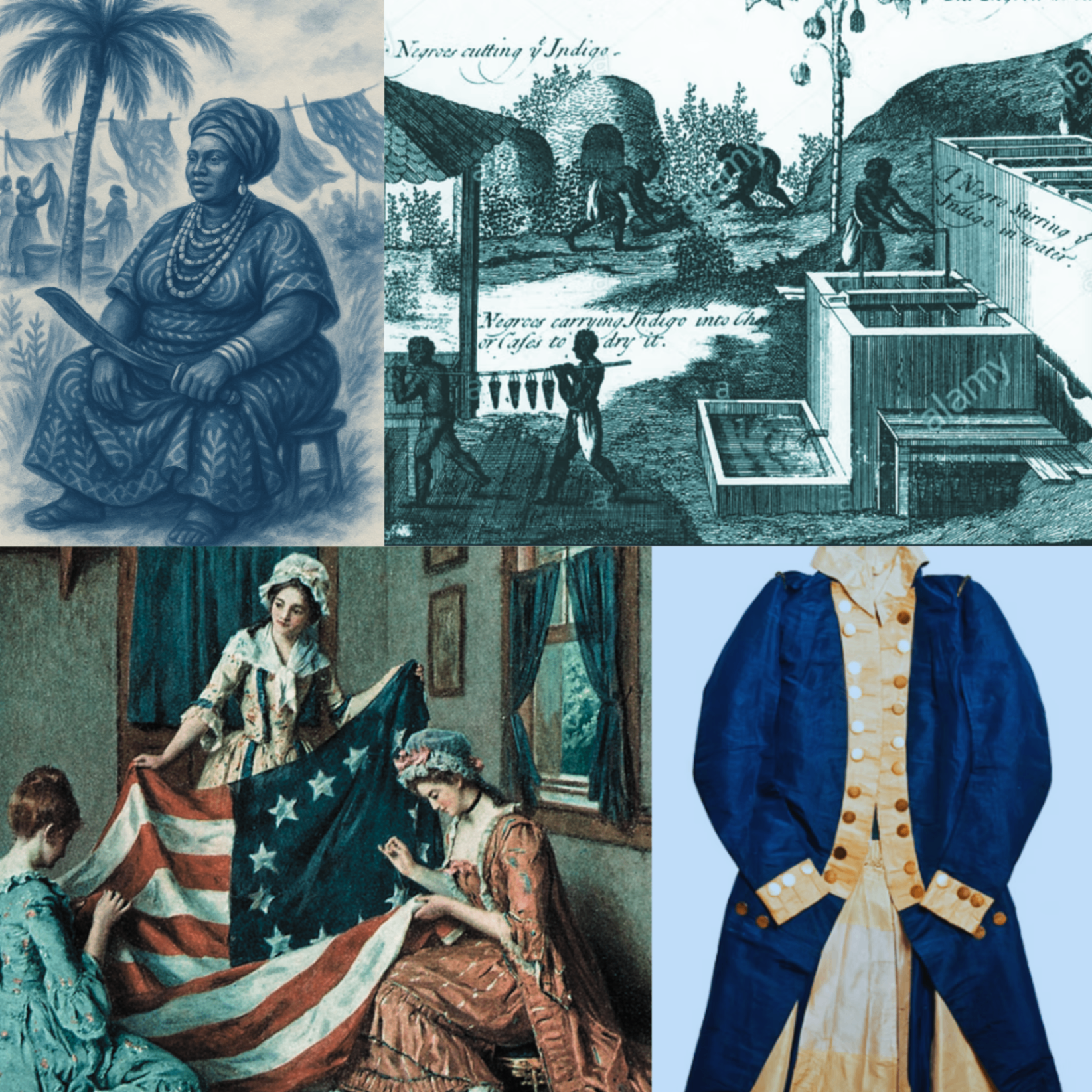 Historical collage of indigo cultivation, dyeing, and garments