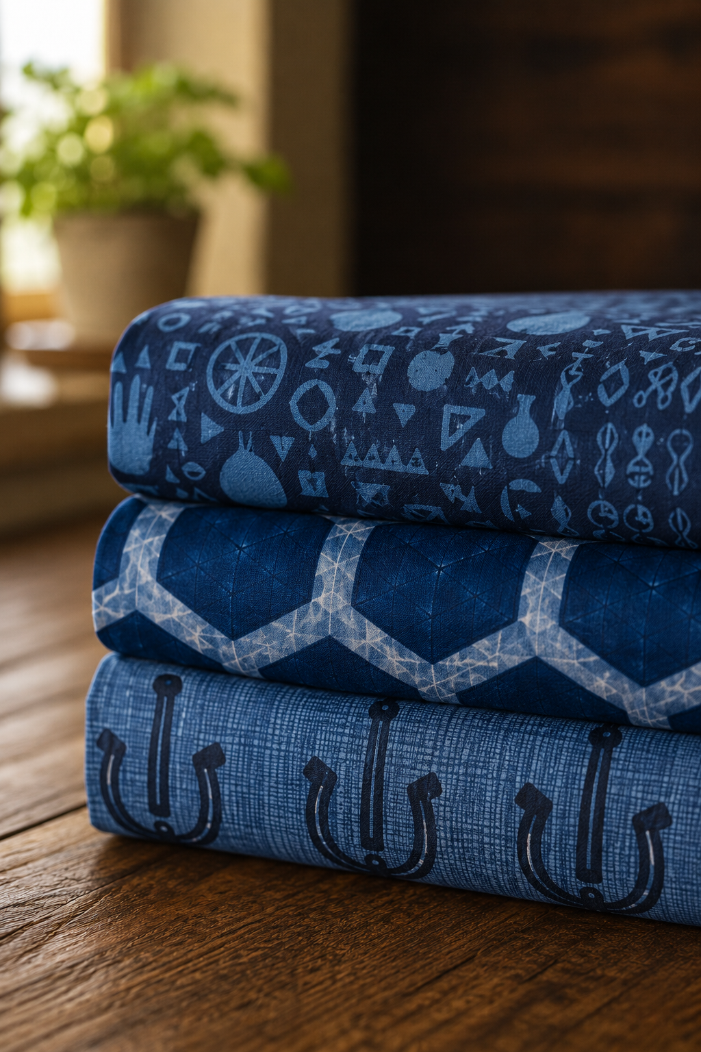 Stack of indigo Talking Tea Towels